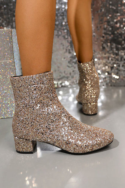 Side Zip Sequin Block Heel Boots