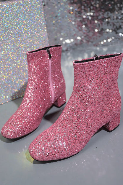 Side Zip Sequin Block Heel Boots