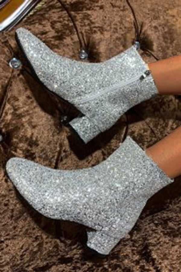 Side Zip Sequin Block Heel Boots