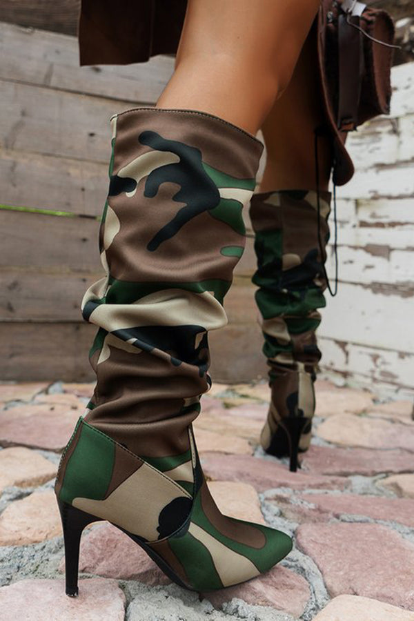 Pointed Toe Camouflage Print High Heel Boots