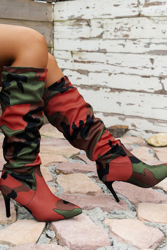 Pointed Toe Camouflage Print High Heel Boots