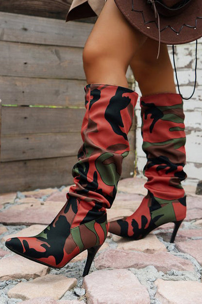 Pointed Toe Camouflage Print High Heel Boots