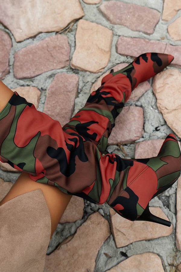 Pointed Toe Camouflage Print High Heel Boots