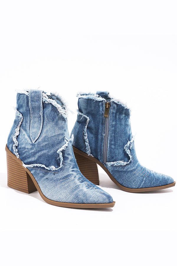 Pointed Toe Side Zip Denim Boots