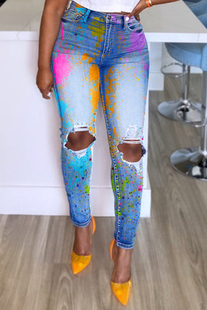 Stylish Bleach Wash Graffiti Print Jeans