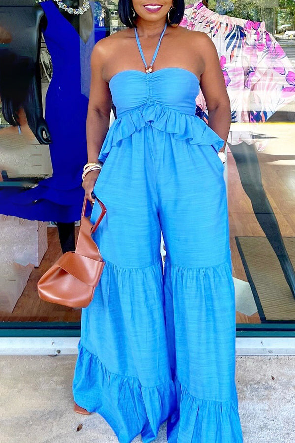 Stylish Ruffle Hem Halter Jumpsuit Blue