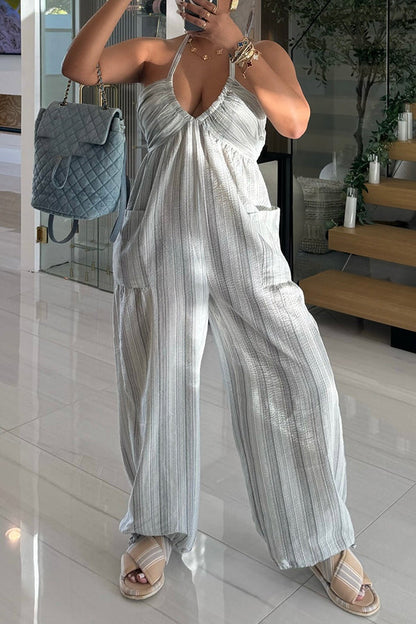 Stylish Striped Pocket Halter Jumpsuit Ash