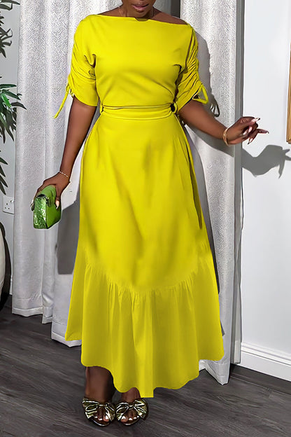 Casual Tie Cuff Ruffle Hem Midi Dress Yellow