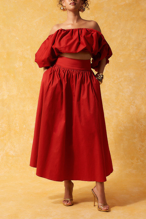 Chic Off Shoulder Balloon Hem Top & Skirt Set Red