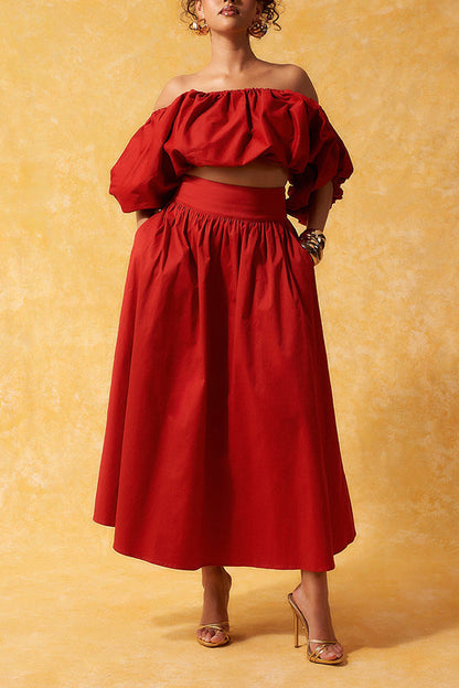 Chic Off Shoulder Balloon Hem Top & Skirt Set Red