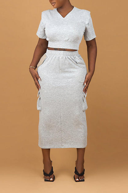 Casual V-Neck Top & Slant Pocket Skirt Set Ash