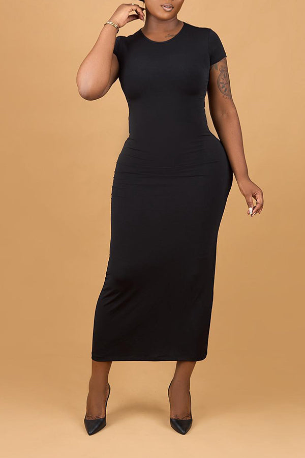 Basic Round Neck Bodycon Midi Dress