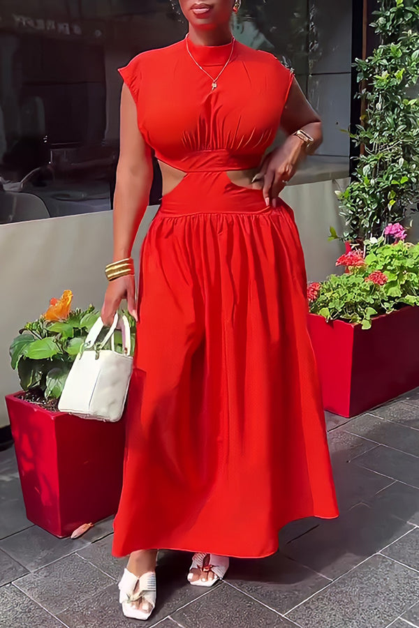 Stylish Cutout Solid Maxi Dress Red