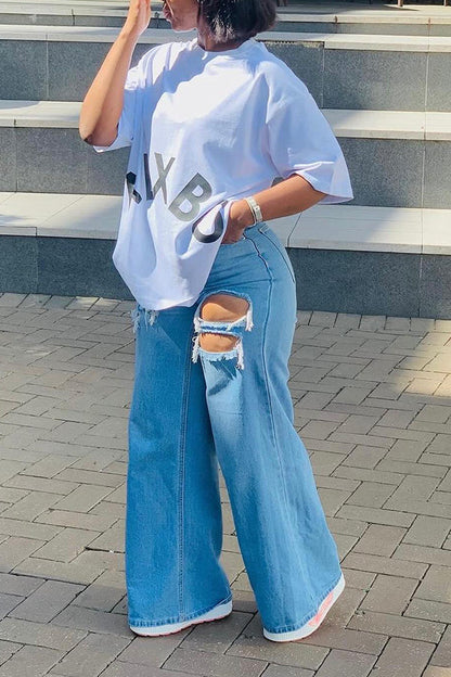 Casual Ripped Wide Leg Jeans Blue