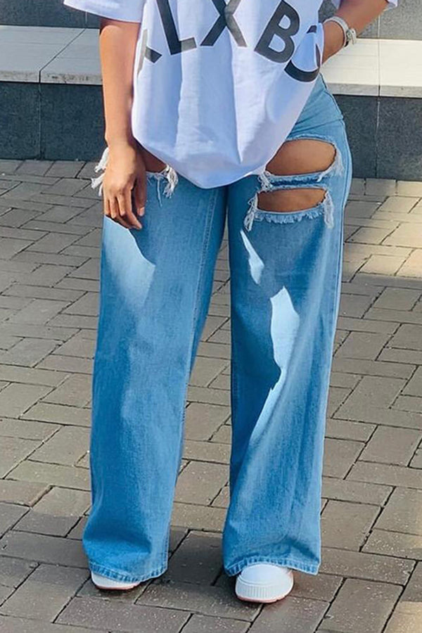 Casual Ripped Wide Leg Jeans