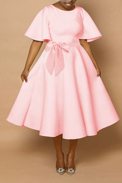 Elegant Flutter Sleeve Bow Front Ruffle Hem Dress Pink