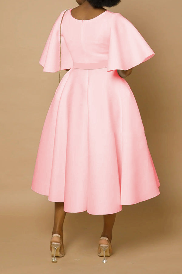 Elegant Flutter Sleeve Bow Front Ruffle Hem Dress