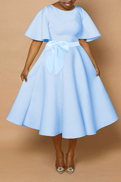 Elegant Flutter Sleeve Bow Front Ruffle Hem Dress Wathet blue