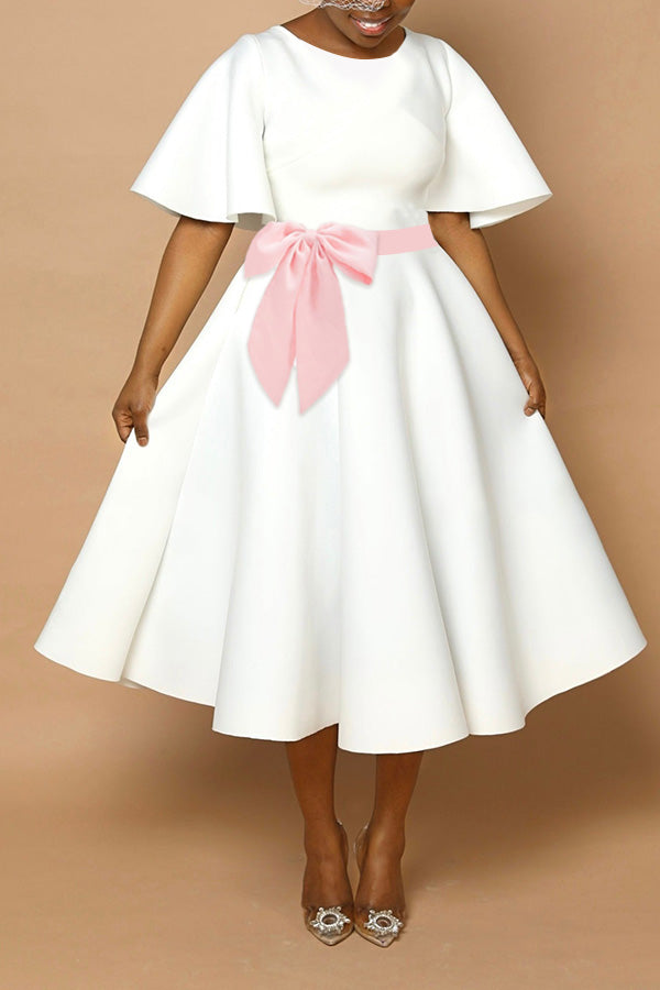 Elegant Flutter Sleeve Bow Front Ruffle Hem Dress White