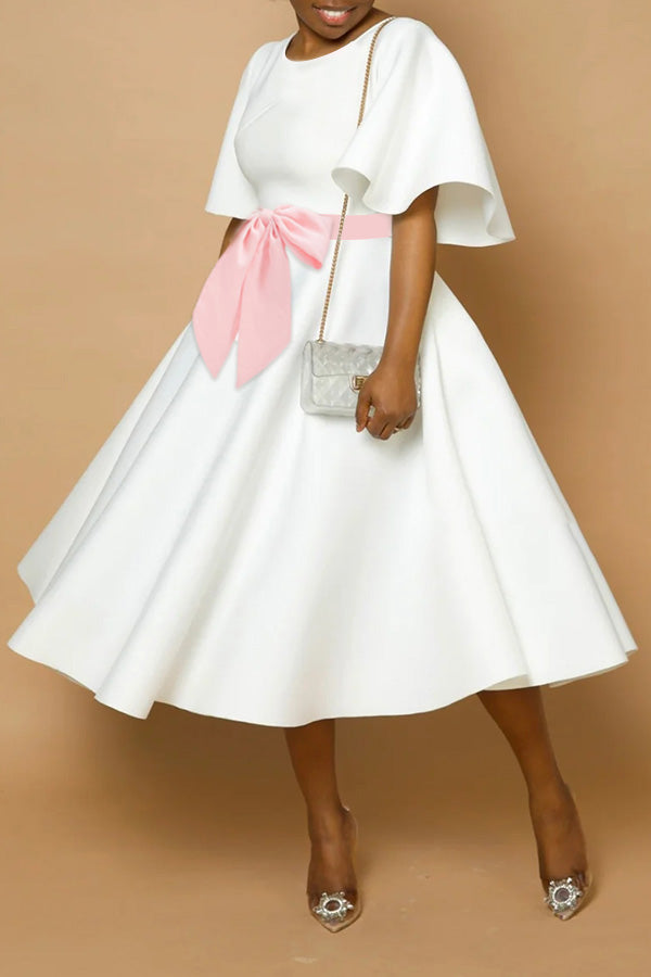 Elegant Flutter Sleeve Bow Front Ruffle Hem Dress