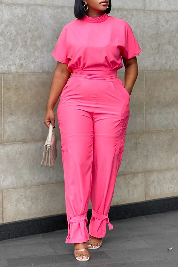 Stylish Solid Knot Hem Flare Jumpsuit Pink