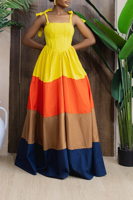 Summer Colorblock Pleated Tie Shoulder Maxi Dress