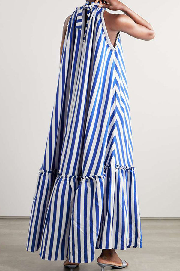 Vintage Striped Ruffle Hem Frill Trim Maxi Dress