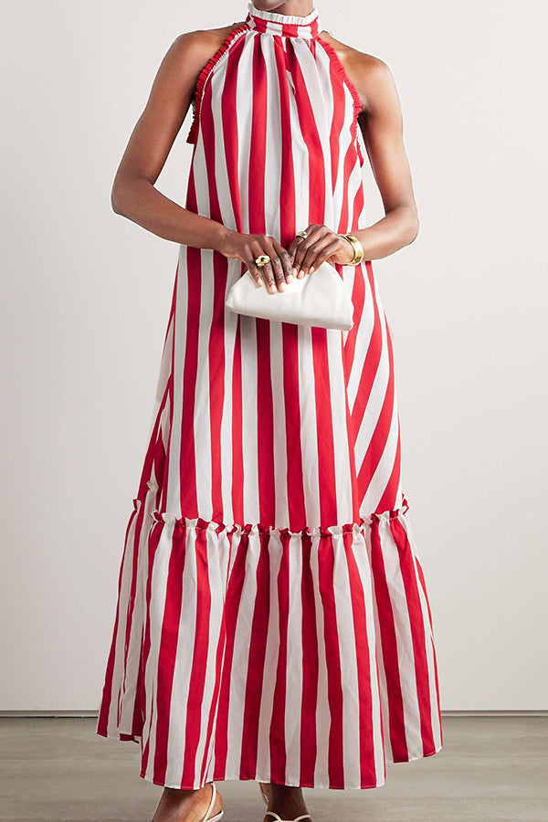 Vintage Striped Ruffle Hem Frill Trim Maxi Dress