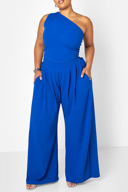 Casual Asymmetrical Neck Top & Wide Leg Pants Set