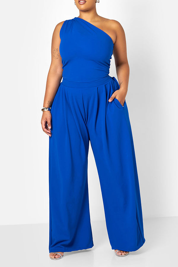 Casual Asymmetrical Neck Top & Wide Leg Pants Set