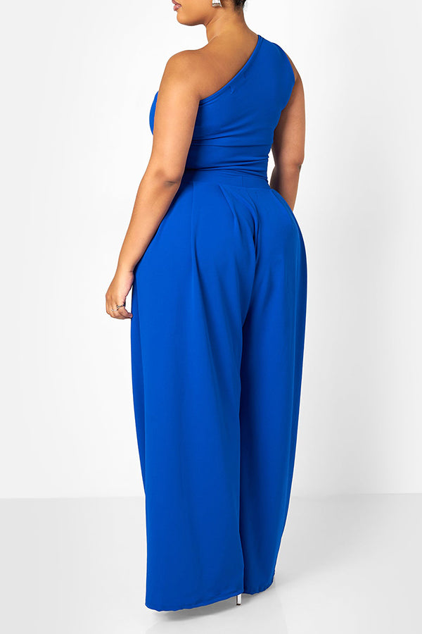 Casual Asymmetrical Neck Top & Wide Leg Pants Set