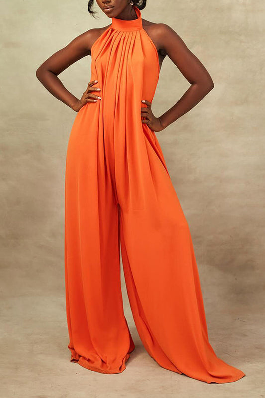 Cozy Pleated Halter Solid Jumpsuit