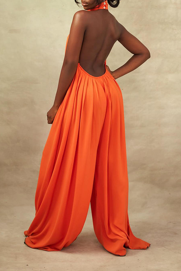 Cozy Pleated Halter Solid Jumpsuit