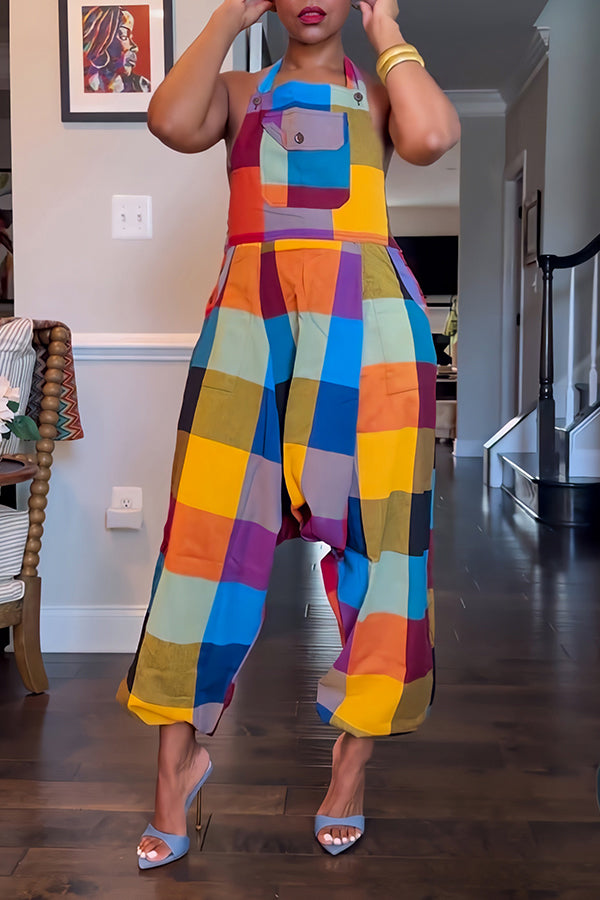 Summer Colourful Colorblock Drop Crotch Overalls