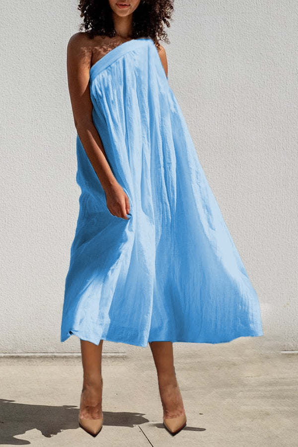 Summer Cozy One Shoulder Pleated Slant Pocket Midi Dress