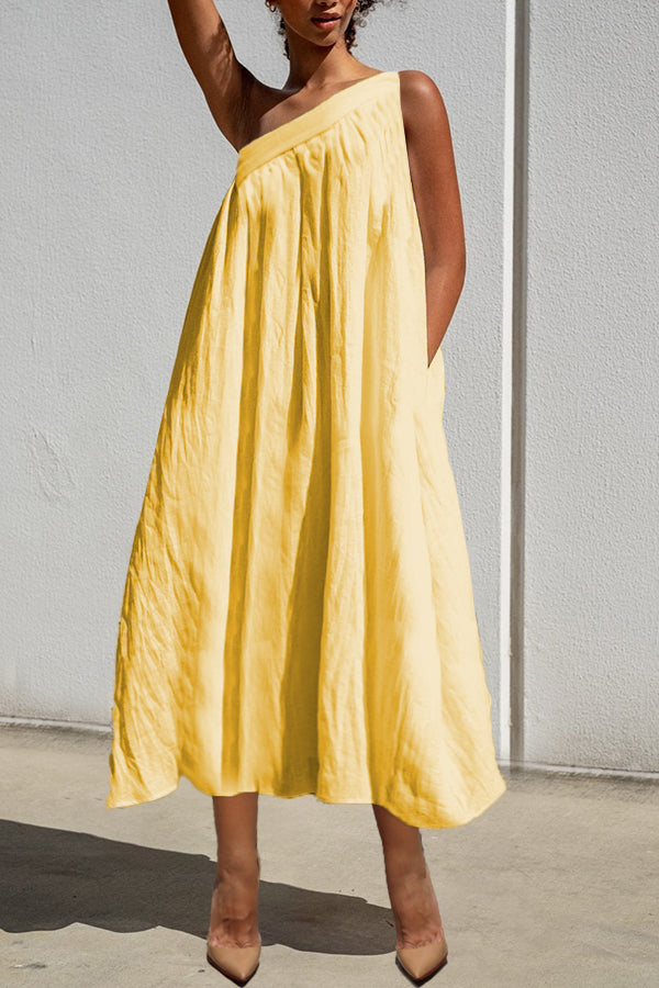 Summer Cozy One Shoulder Pleated Slant Pocket Midi Dress