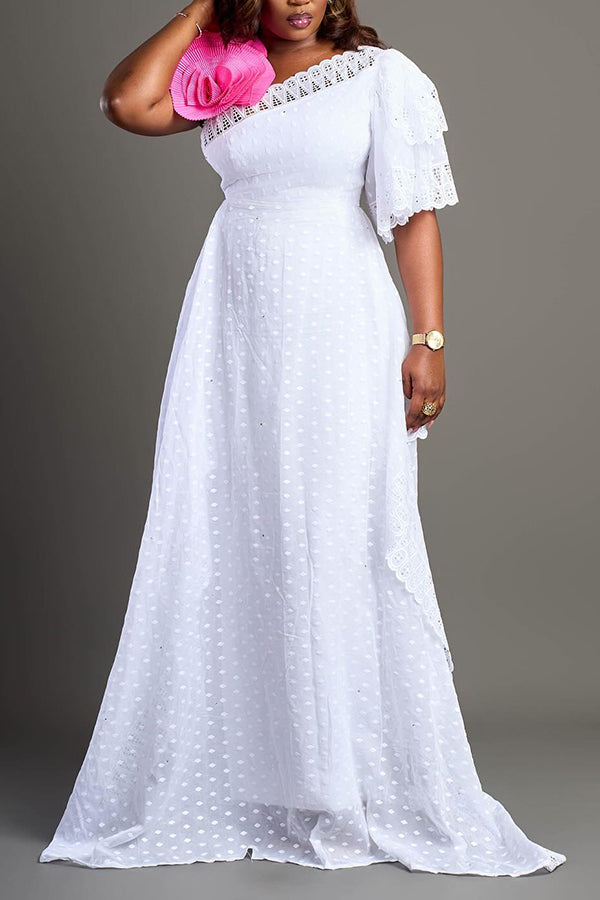 Elegant Lace Panel Texture One Shoulder Maxi Dress