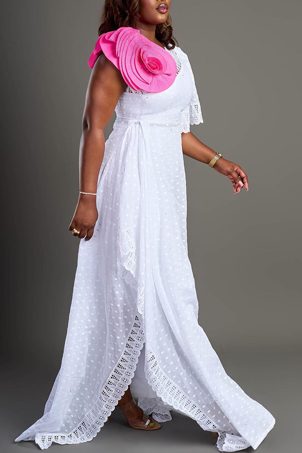 Elegant Lace Panel Texture One Shoulder Maxi Dress