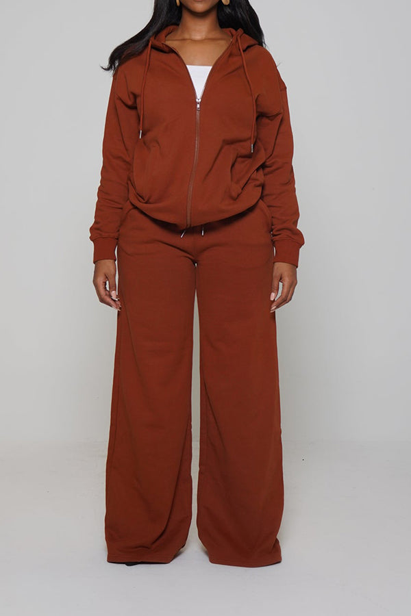 Casual Zip Front Hoodie & Slant Pocket Pants Set