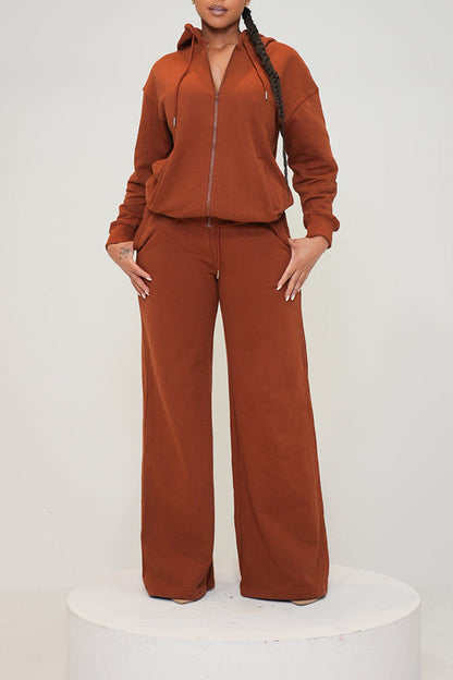 Casual Zip Front Hoodie & Slant Pocket Pants Set