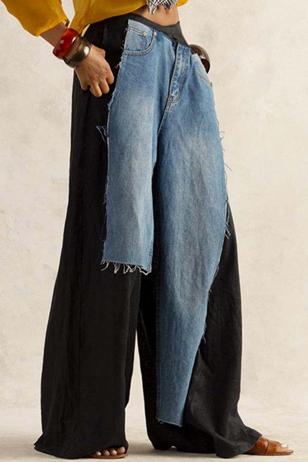 Stylish Denim Panel Slant Pocket Asymmetrical Design Jeans