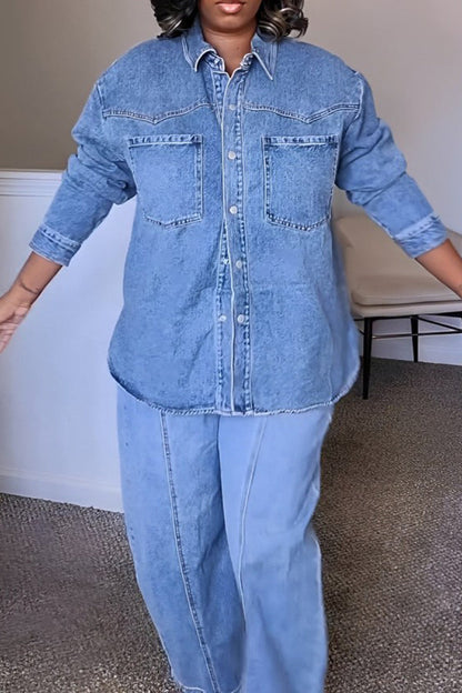 Casual Patched Pocket Denim Blouse & Pants Set