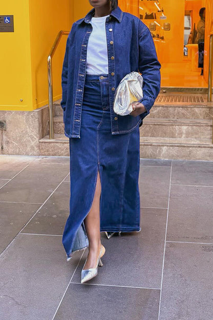 Stylish Denim Button Up Blouse & Skirt Set