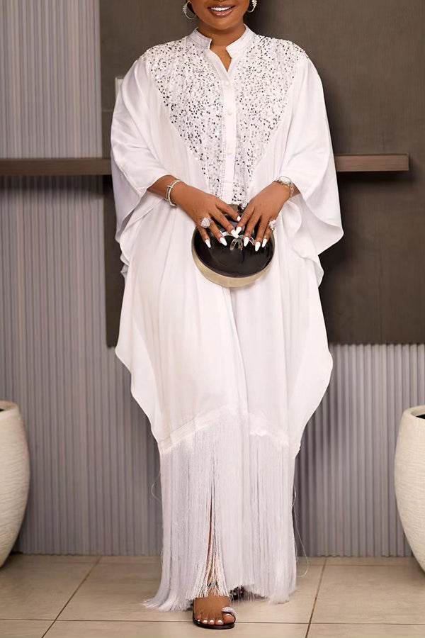 Elegant Sequin Panel Batwing Sleeve Maxi Dress