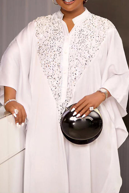 Elegant Sequin Panel Batwing Sleeve Maxi Dress