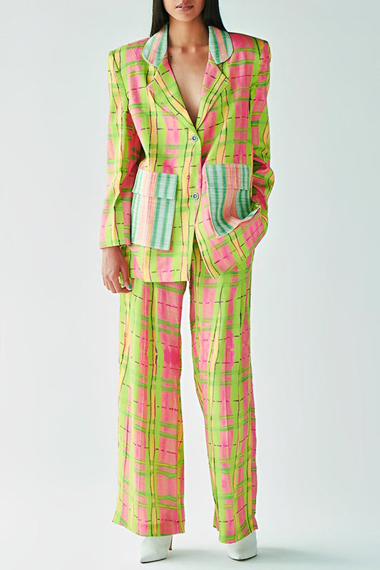 Chic Colorful Plaid Blazer & Pants Set