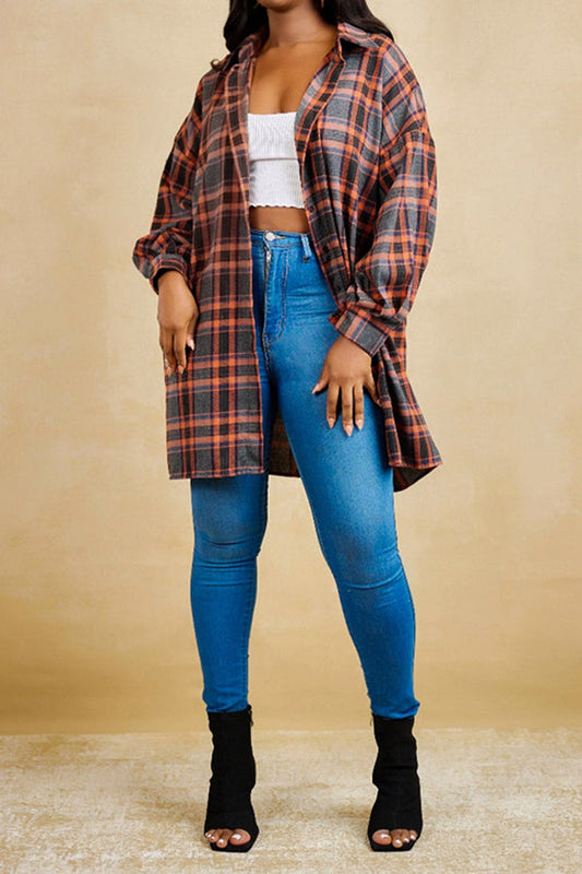 Casual Plaid Oversized Plaid Button Up Blouse