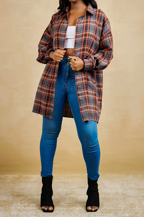 Casual Plaid Oversized Plaid Button Up Blouse