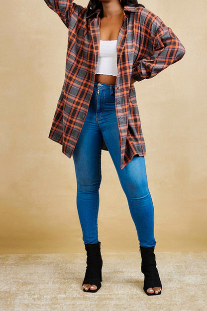 Casual Plaid Oversized Plaid Button Up Blouse