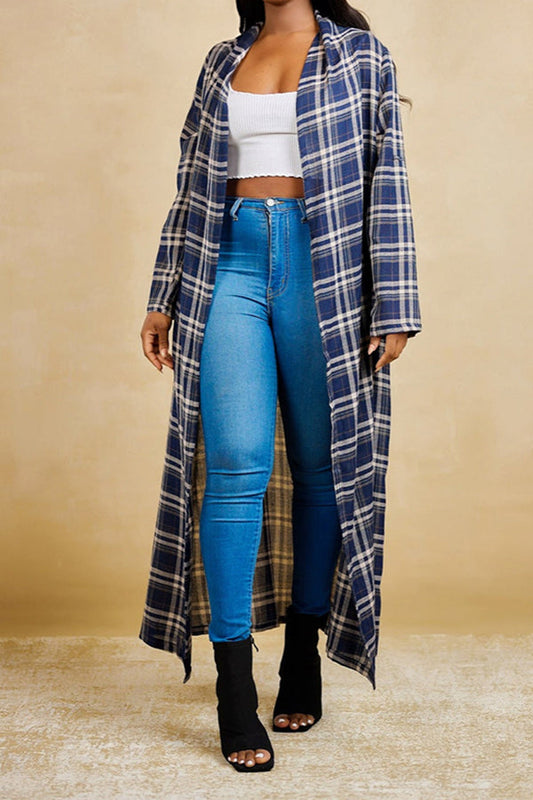 Casual Plaid Long Sleeves Open Front Blouse